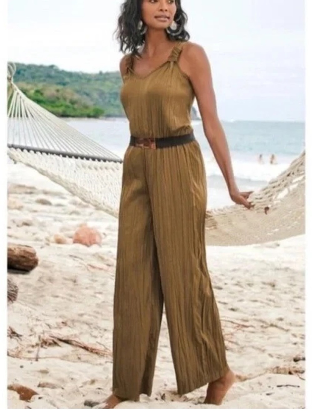 Soft Surroundings Janis Jumpsuit Crinkled Gauze Flowy Pant Brown Large Women EUC